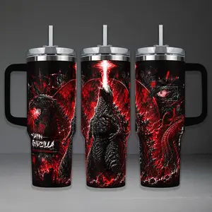 Shin Godzilla Evolution Of Terror Tumbler Cup, Red Black Kaiju Monster Atomic Breath Full Wrap Stainless Steel Insulated Tumbler 20oz/40oz With Straw Lid Included, 40oz Handle Option