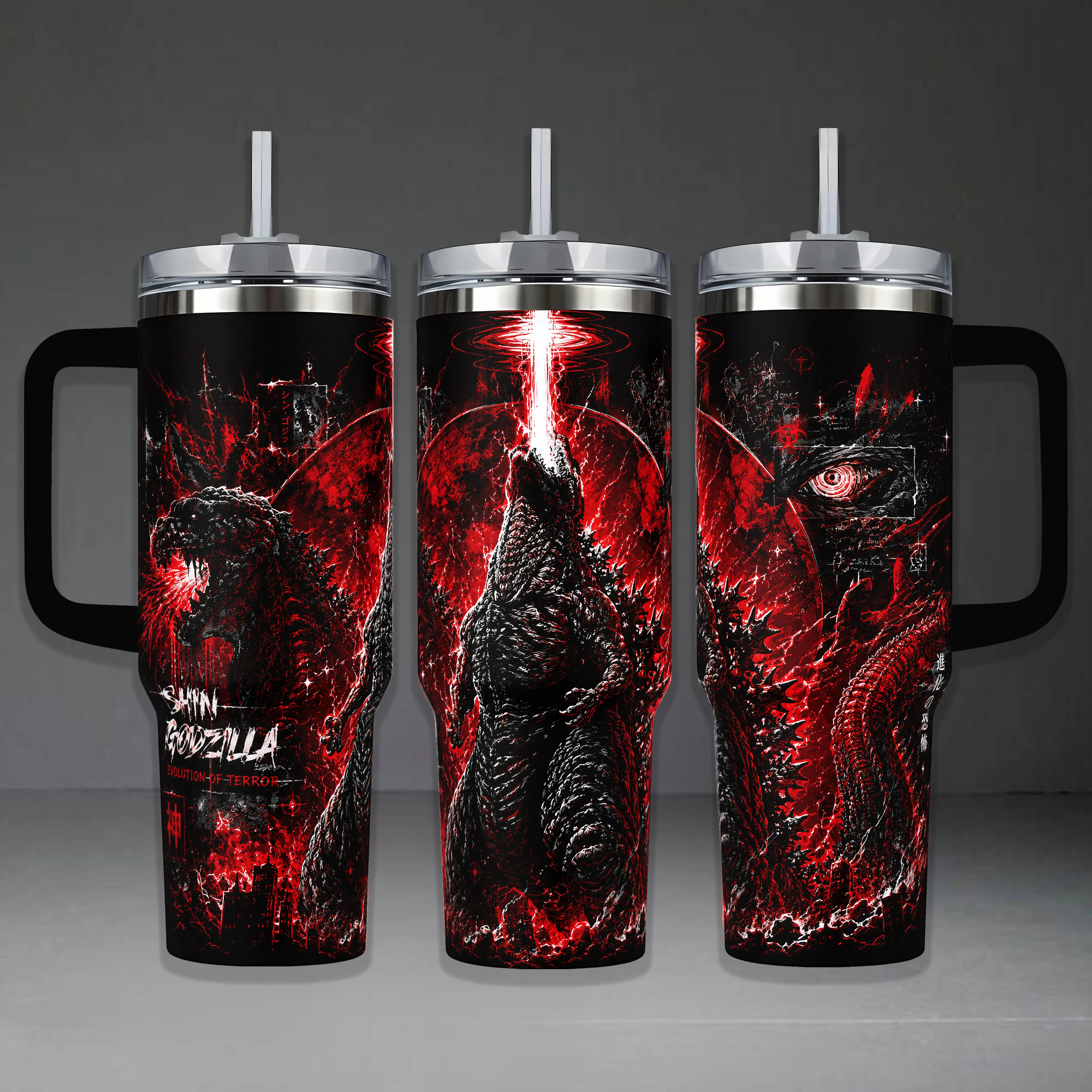 Shin Godzilla Evolution Of Terror Tumbler Cup, Red Black Kaiju Monster Atomic Breath Full Wrap Stainless Steel Insulated Tumbler 20oz/40oz With Straw Lid Included, 40oz Handle Option