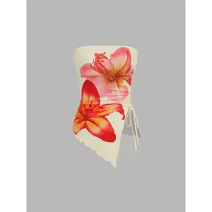 Cider Women's Floral Drawstring Bandeau Top with Asymmetrical Hem, Adjustable Knot Summer Daily Top for Beach & Casual Outfits