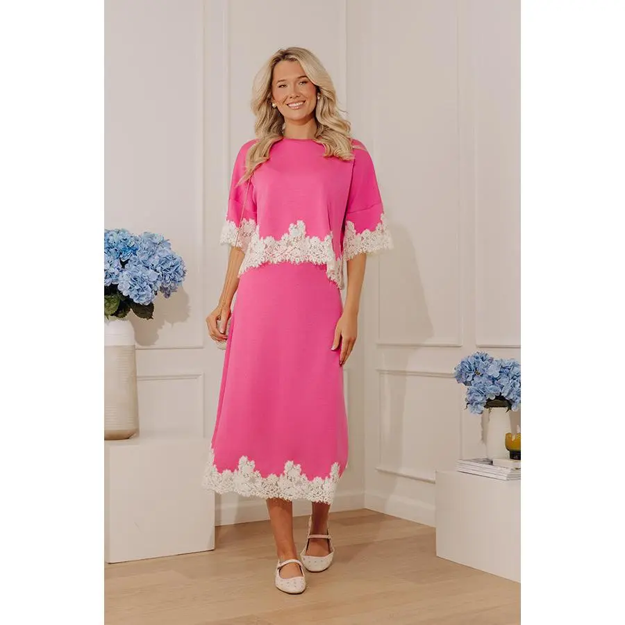 Evening Ease High Waist Scuba Midi Skirt in Bubblegum Pink