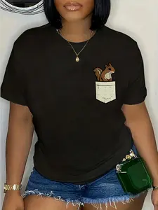 100% Cotton Unisex Squirrel Pocket Cute Chipmunk Rodent Women Girls Men Round Neck Short Sleeve T-Shirt Women's Men Graphic Tee