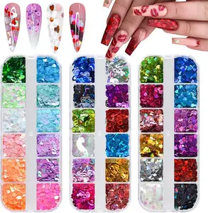 36 Colors Heart Glitter Nail Art Sequins, Heart Shaped Nail Sequin Laser Heart Nail Flake Glitter Decals for Valentine's Day