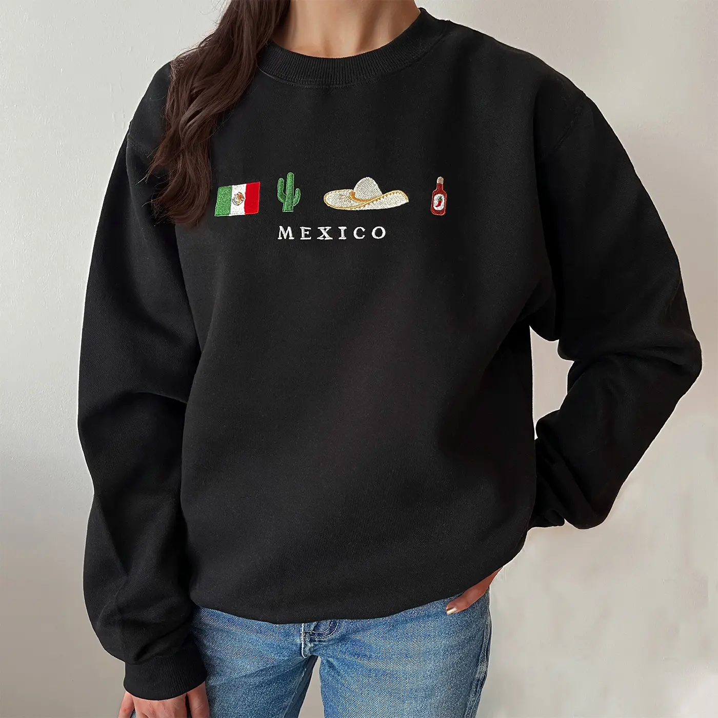 Mexico Embroidered Sweatshirt, Black, Beige, Crewneck, Flag, Sombrero Mariachi, Hot Chili Pepper, Cactus