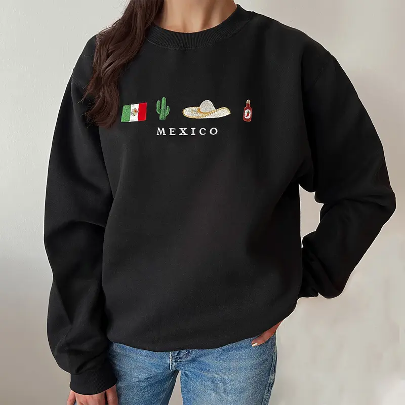 Mexico Embroidered Sweatshirt, Black, Beige, Crewneck, Flag, Sombrero Mariachi, Hot Chili Pepper, Cactus