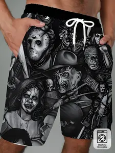 Men's Printed Casual Shorts, 3D Horror Movie Character Pattern, Hip Hop Beach Pants, Athleisure Street Shorts, Breathable Quick Dry Design, Comfortable Drawstring Waist