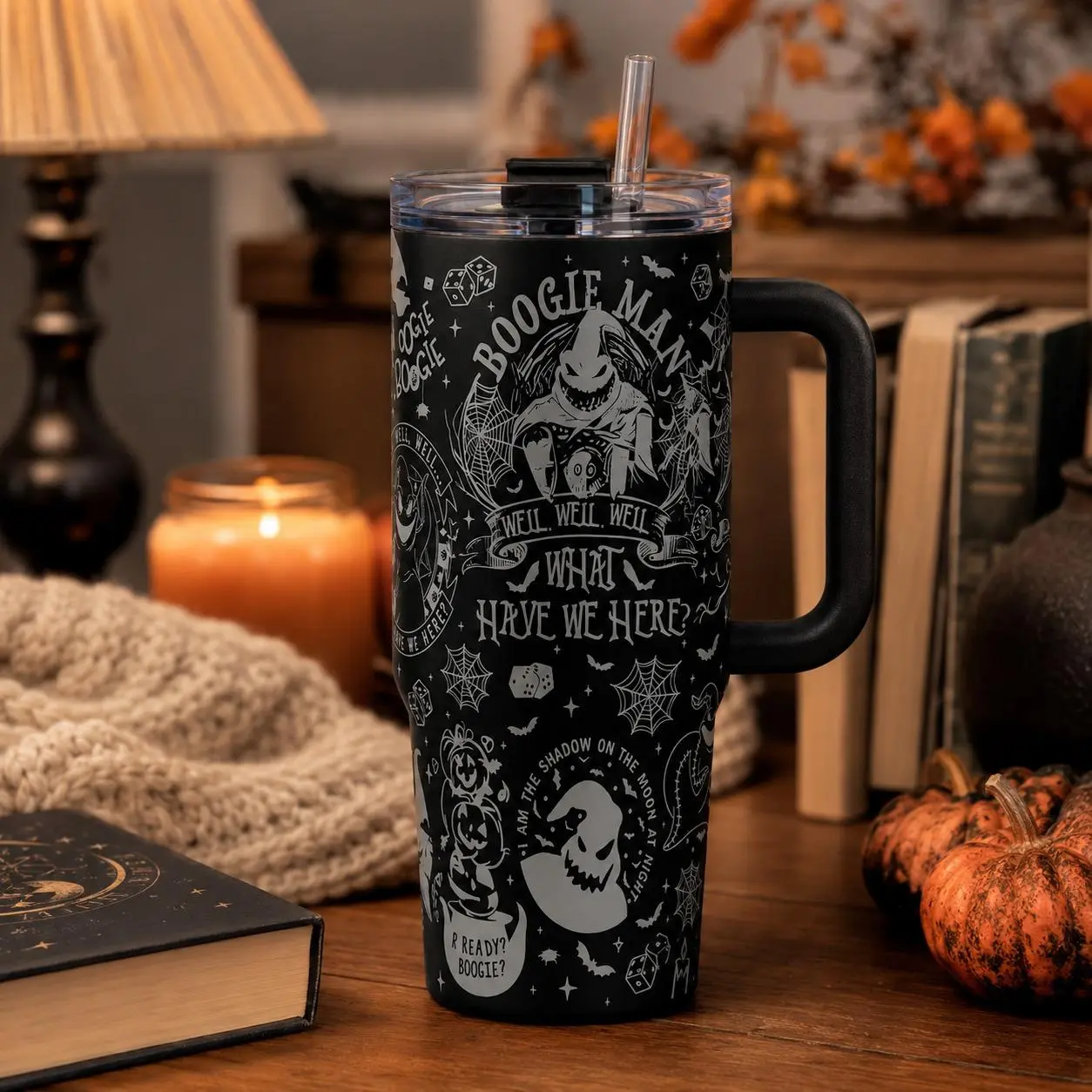 40oz Halloween Tumbler with Handle and Straw, Stainless Steel Insulated Travel Mug, Spooky Gothic Full Wrap Cup