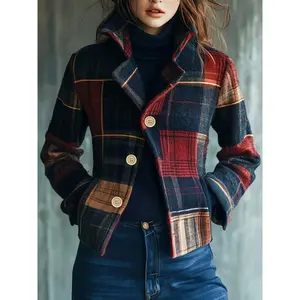 Women's Vintage Plaid Jacket - Double-Breasted Design, Non-Stretch Fabric (Button Front Design), Autumn and Winter Coat, Available in Red/Black/Beige/Blue/Brown, Machine Washable Vintage Jacket, Suitable for Daily and Formal Occasions, Classic Notched La
