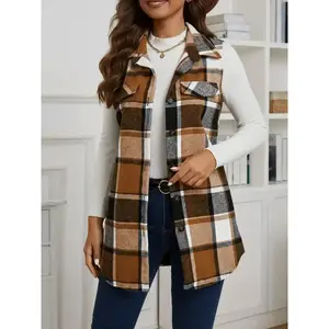 Women's Plaid Print Button Front Vest Coat, Casual Pocket Design Collared Waistcoat for Spring & Fall, Fashion Women's Clothing for Daily Wear