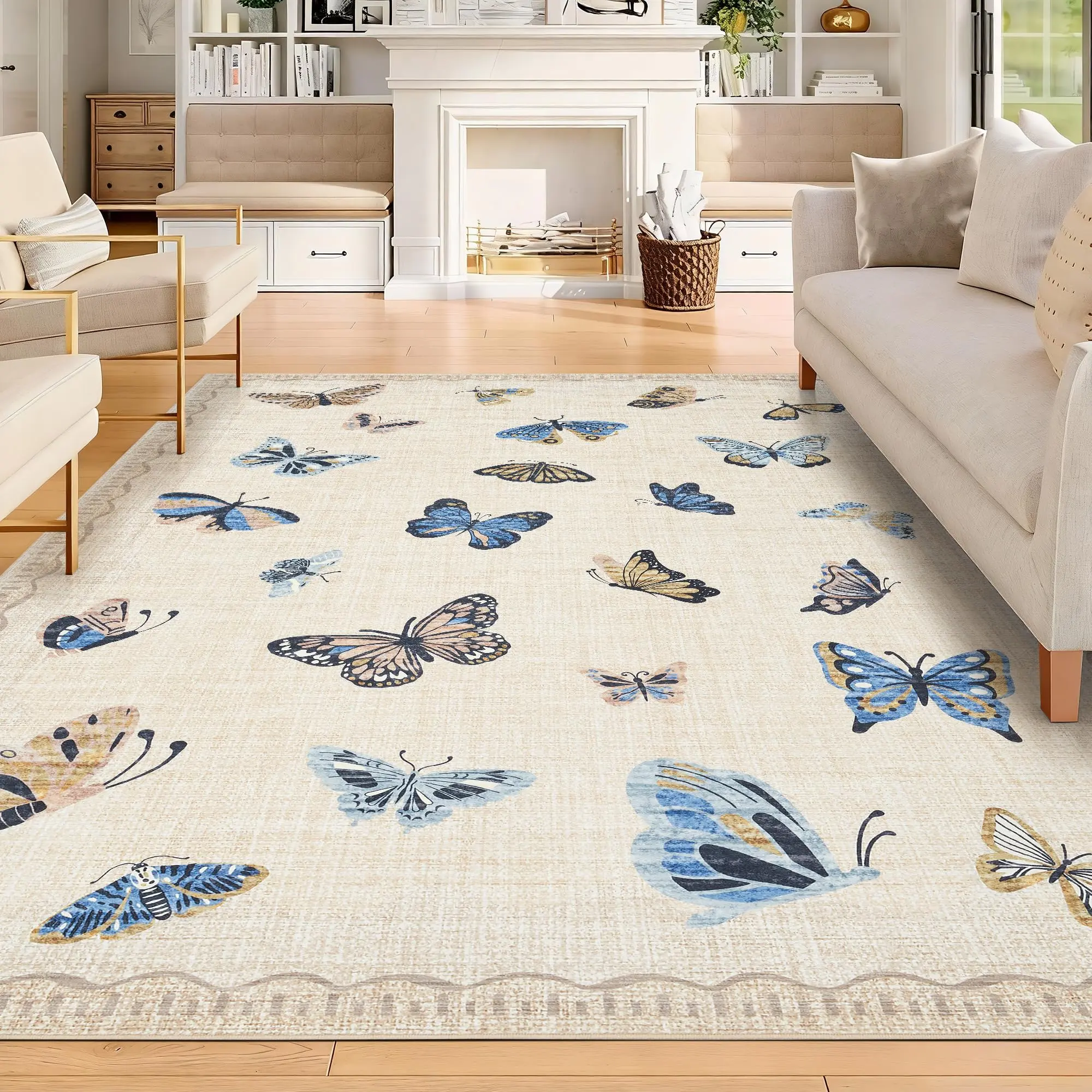 Garvee Butterfly Area Rug 9x12, No Slip Washable Rug, Modern Bedroom Rug Under Bed Ultra Carpet, Low-Profile Rugs for Living Room Bedroom Dining Room, Khaki