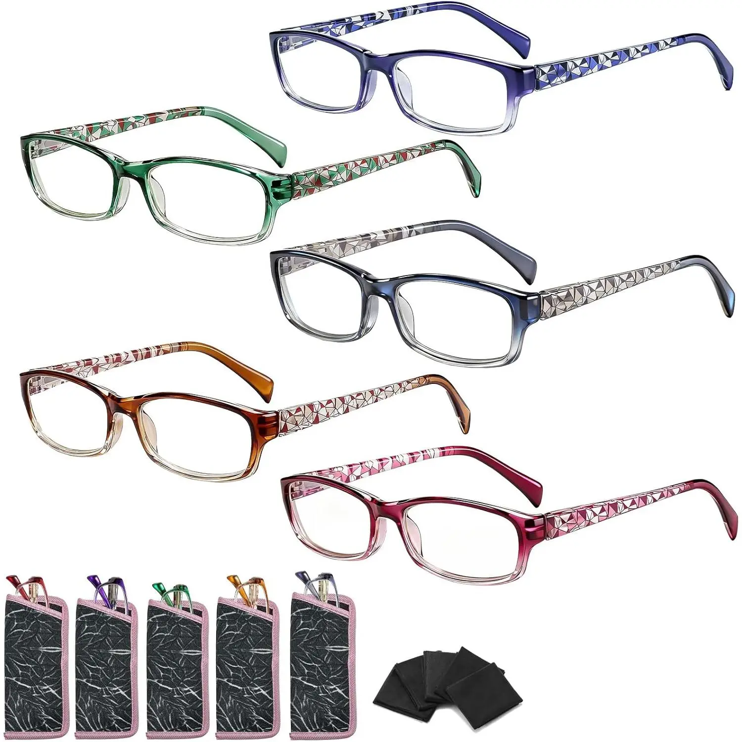 Women's Unisex Fit Square Frame Blue Light Blocking Reading Eyeglasses (5-Pieces, 1.0x/1.5x) - Flexible Silicone Temples, Anti-Glare Lenses, Durable Spring Hinges, Multi-Size, 5 Colors, Ideal for Adults' Computer Work, Great Gift