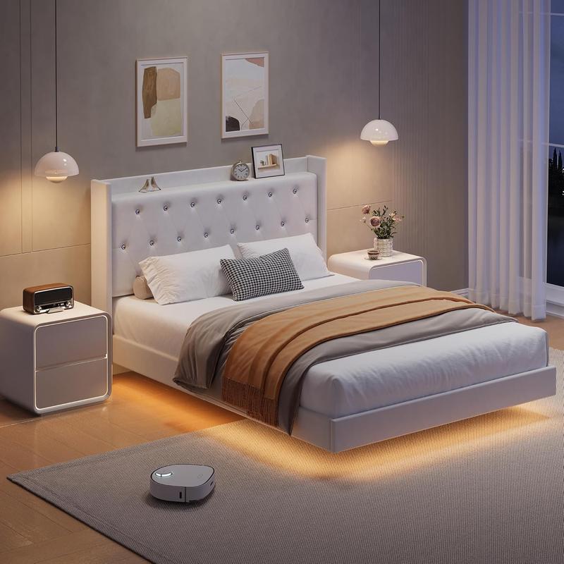 Upholstered Bed Frame with LED Lights & Storage Headboard, Floating Look, No Box Spring Needed
