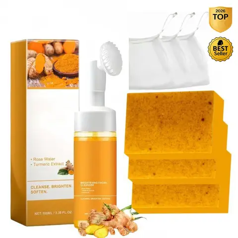 2-Piece Turmeric Facial Cleansing Set - Adults' Brightening, Moisturizing, Softening Daily Gentle Face Wash (Foaming Cleanser, Soap) for Normal Skin, Father's Day Gift