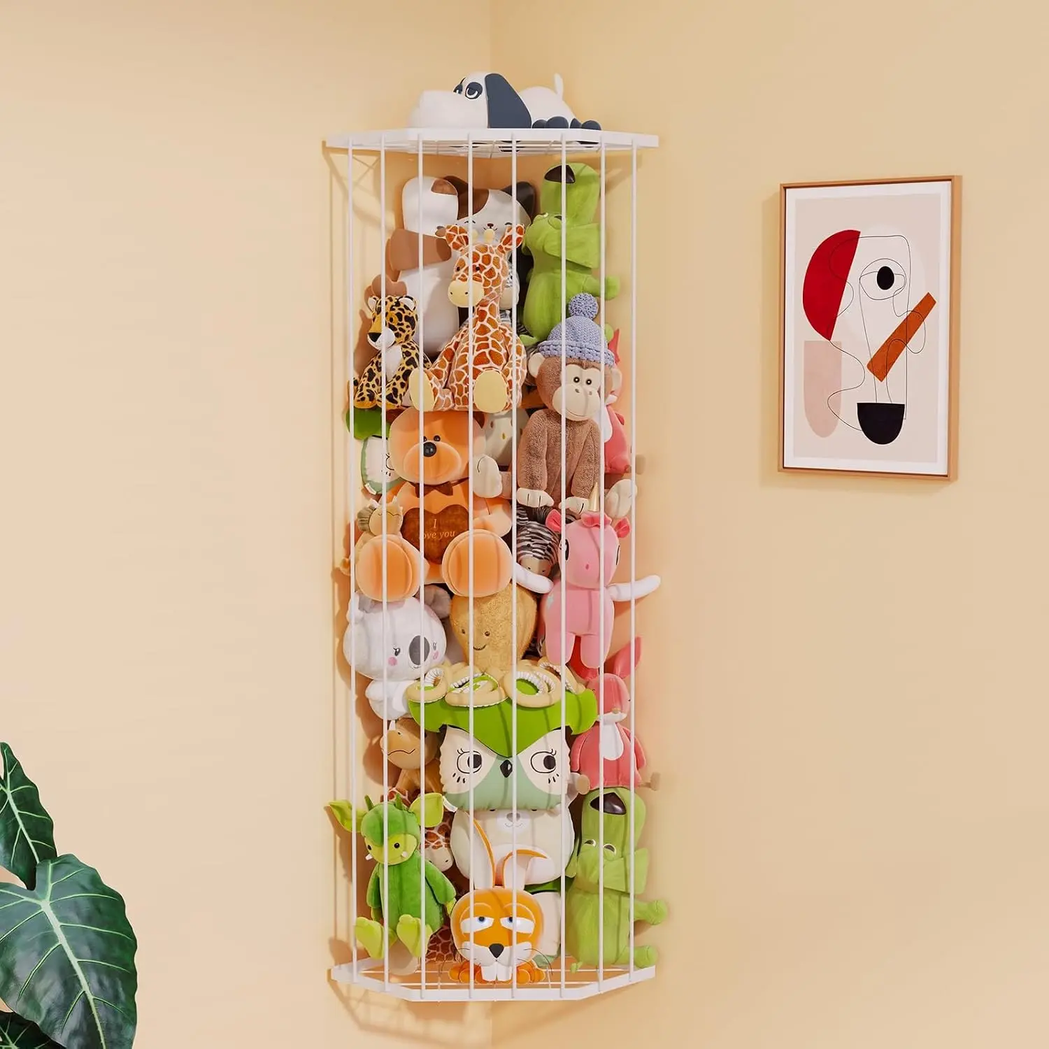 Stuffed Animal Storage Zoo - Corner Plush Toy Organizer Length Adjustable, Wall Hanging Stuffed Animal Net Holder for Nursery Playroom Bedroom Kids Room, White