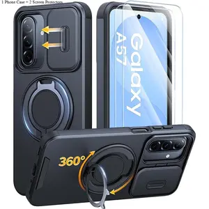 Phone Case: 3 Pack[1 Phone Case with 2 Clear Screen Protectors] Kickstand Magnetic Phone Case for Samsung for Galaxy A57 A37 A55 A56 A36 A35 A07 A06 A26 A16 A17 A15, Slide Camera Cover, Dual-Layer Shockproof Accessory Phone Case, Daily Use Protective
