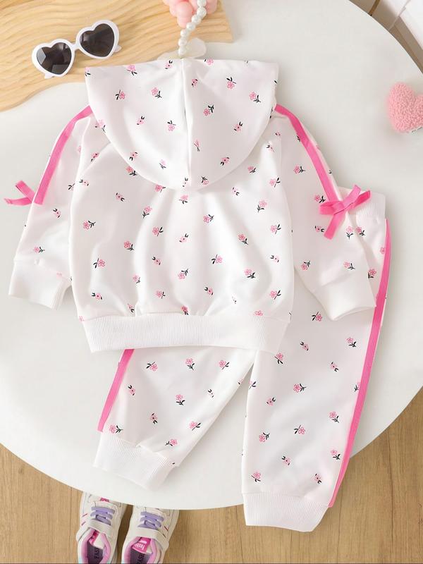 Girls Spring Autumn Floral Printed Hooded Zipper Jacket & Cuffed Long Pants Set, Toddler Cute Stylish Two-Piece for Girls, Baby Clothing