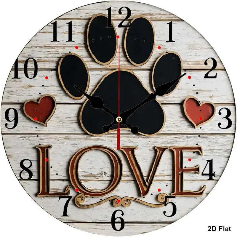 12-Inch Vintage Wooden Wall Clock Featuring a Dog Paw Print Design, Ideal for Nurseries. It Operates Silently Without Ticng, Mang It Suitable for tchens, Bedrooms, Offices, And Living Rooms. Requires One AA Battery, Which Is Not Included