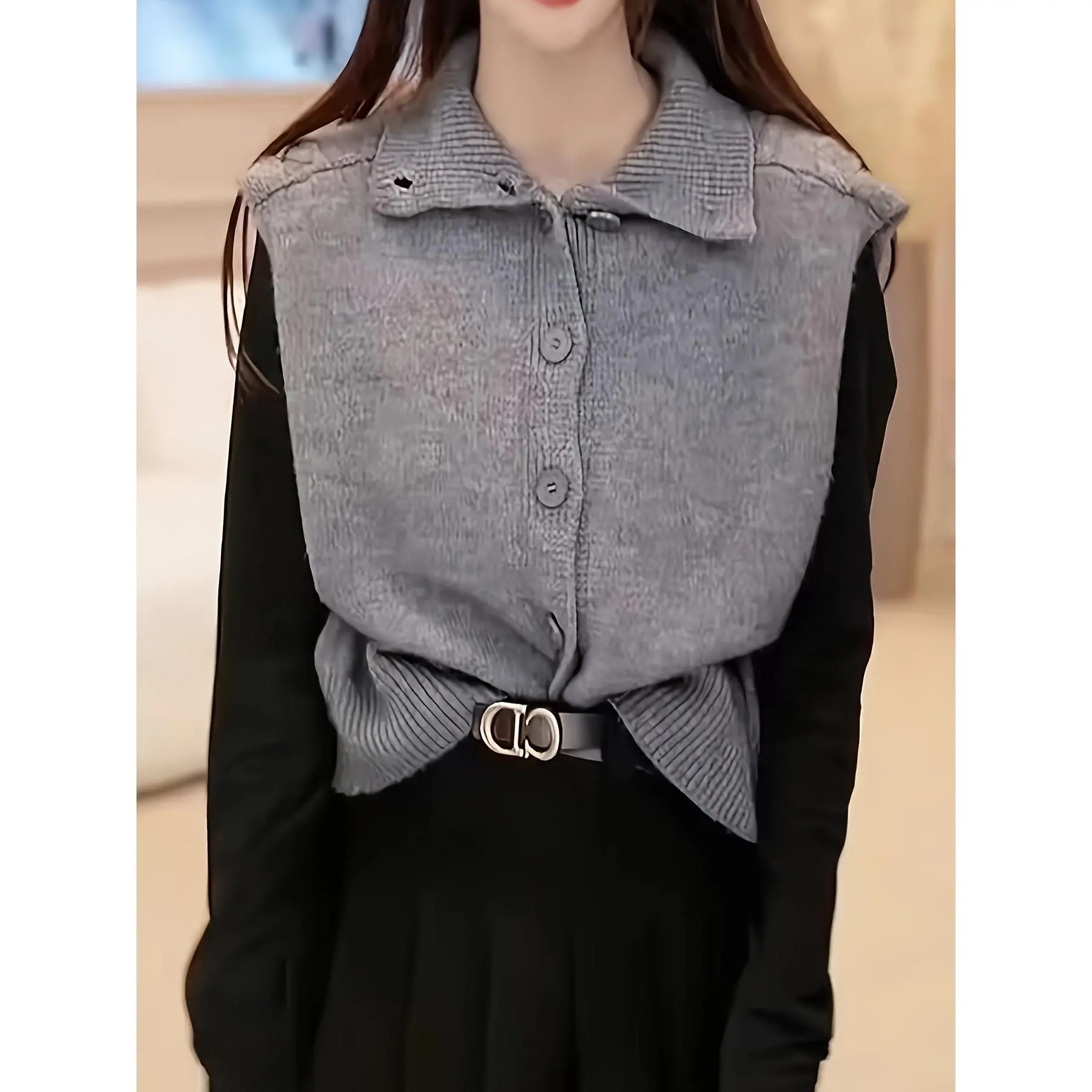 Cable Knit Button Sweater Vest, Casual Sleeveless Knit Collared Vest For Spring & Fall, Women's Clothing