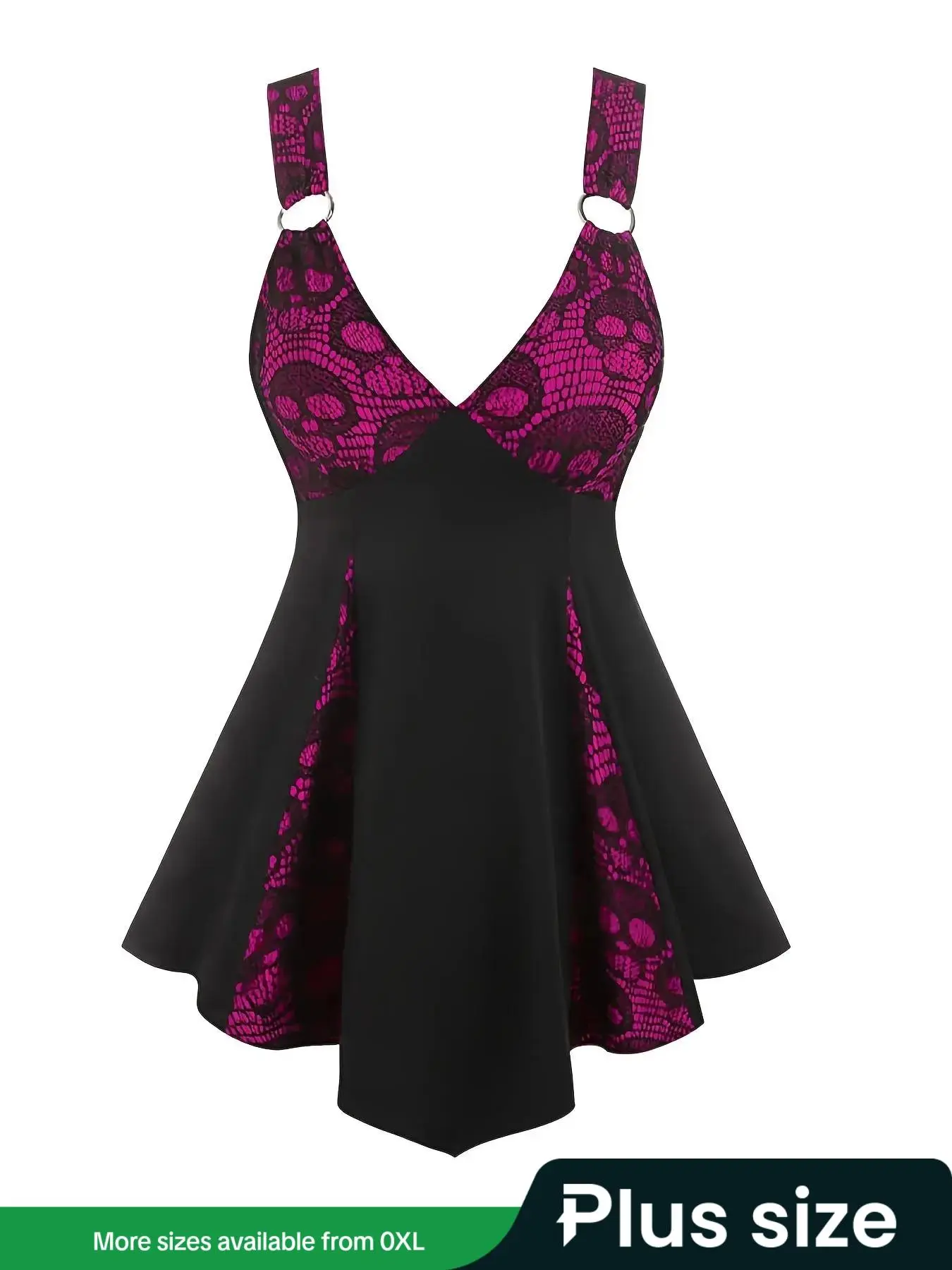 [Plus Size] Patchwork Skull Pattern Contrast Lace O-ring A Line Dress, Punk Fashion Sleeveless V Neck Asymmetrical Dress for Daily Outdoor Wear, Women Plus Clothing for Summer, Boho Sleeveless Dress, Casual Boho Bohemian, Casual Chic Sleeveless