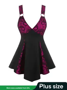 【Plus Size】 Patchwork Skull Pattern Contrast Lace O-ring A Line Dress, Punk Fashion Sleeveless V Neck Asymmetrical Dress for Daily Outdoor Wear, Women Plus Clothing for Summer, Boho Sleeveless Dress