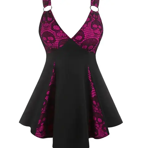 Plus Size Skull Pattern Contrast Lace O-Ring A-Line Dress, Punk Sleeveless V-Neck Asymmetrical Bohemian Dress for Summer Daily Outdoor Wear, Women's Casual Boho Dress A Line Dresses