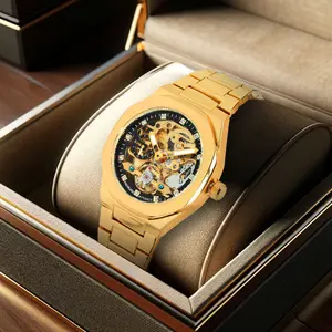 【dealsforyoudays】Luxury Automatic Mechanical Watch High-end Men's Gold Stainless Steel Band Skeleton Dial Waterproof Watch Modern Jewelry