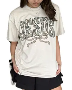 Jesus Camo T-Shirt, Camo Word Design with Bow, Soft Cotton Crew Neck, Unisex Fit, Perfect for Casual Wear, Ladies Summer Outfits, Christian Gifts
