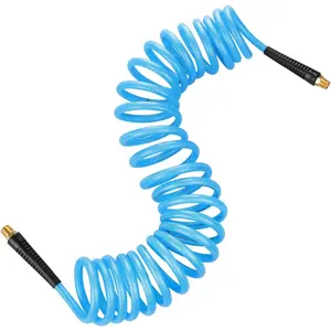 1/4 Coiled Air Hose, Polyurethane Material, 1/4 Inch MNPT Swivel Brass Fittings with Bend Restrictors, 20  Air Compressor Hose