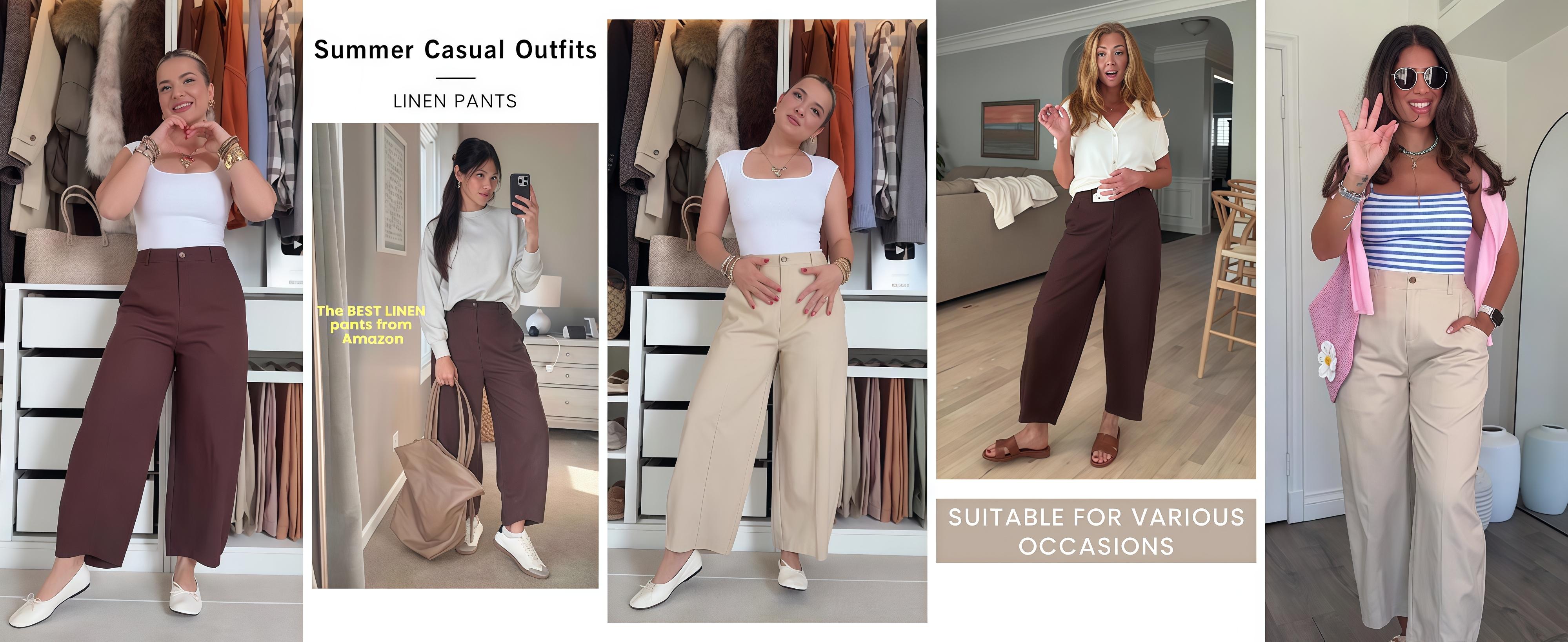 Tanming Women's Casual Baggy Linen Blend Pants, High Waisted Pull On Wide Leg Style with Pockets for Summer, Bottom, Cotton, Zip