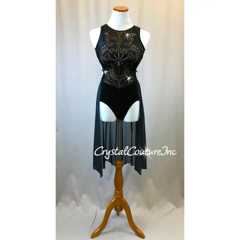 Black Velour Leotard with Burnout Design and Back Skirt - Swarovski Rhinestones