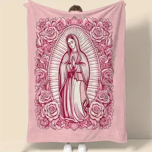 1 Piece Cozy Pink Virgin Mary Blanket-Super Soft Velvet with Floral Pattern, Perfect Gift for Mom, Grandma, Birthday and Valentine's Day, Perfect for Sofa, Bed, Travel and Living Room, multifunctional Blanket | Floral Blanket |   Plush Texture,Meditation