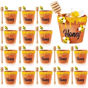 16 Mini Bee Pots with Wooden Dippers, Charms for Honey Party Favors, Bee Themed Baby Shower Favors for Guests, Wedding Party