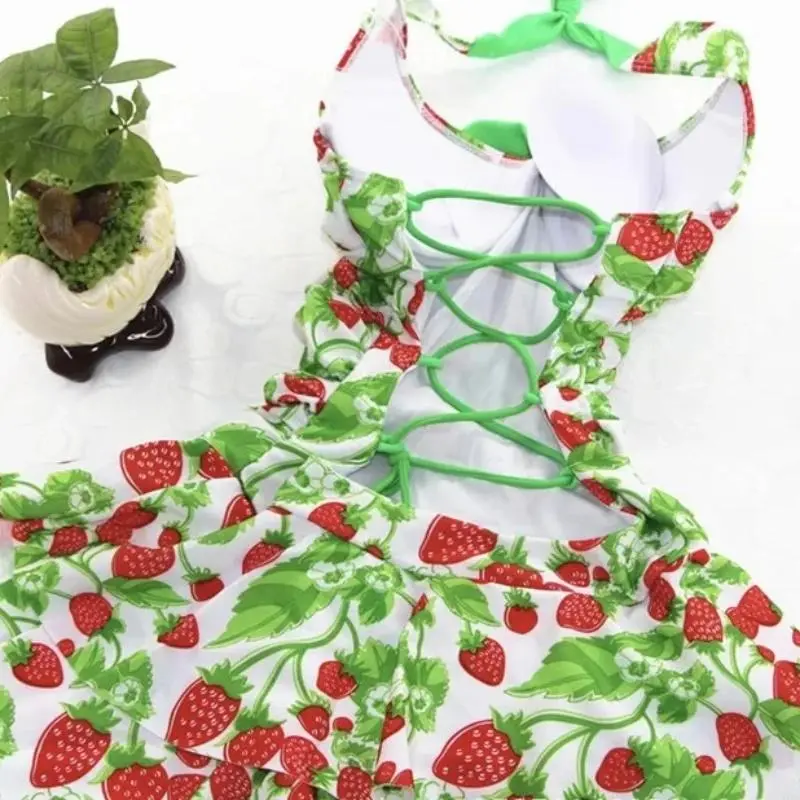 Women Strawberry Swim Dress Green Strawberry Print Halter Swimsuit Strawberry one piece swimsuit Cute Strawberry Beach Swimwear