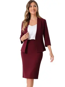 INSPIRE CHIC Workwear Skirt Suit Set 2 Piece Outfit, Collarless Blazer Pencil Skirt