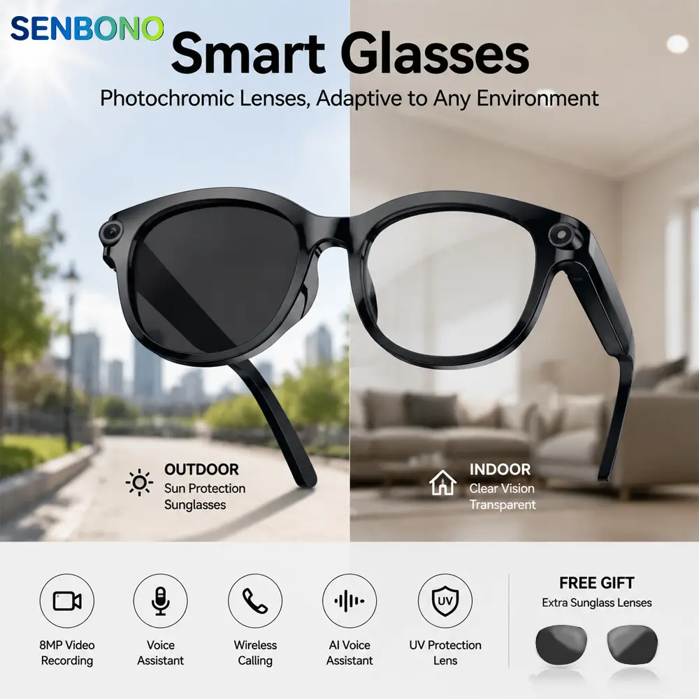SENBONO AI smart glasses with camera, 8MP HD camera glasses, unisex, AI recording glasses with voice assistant, open-ear audio, real-time translation, video recording for life and work sunglasses (black) color-changing