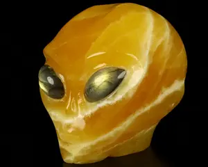 GOOD QUALITY 4.1" Beeswax Jade Crystal Skull Companion with Labradorite Eyes, Star Being Female Alien Reiki Healing Stone Statue4502864