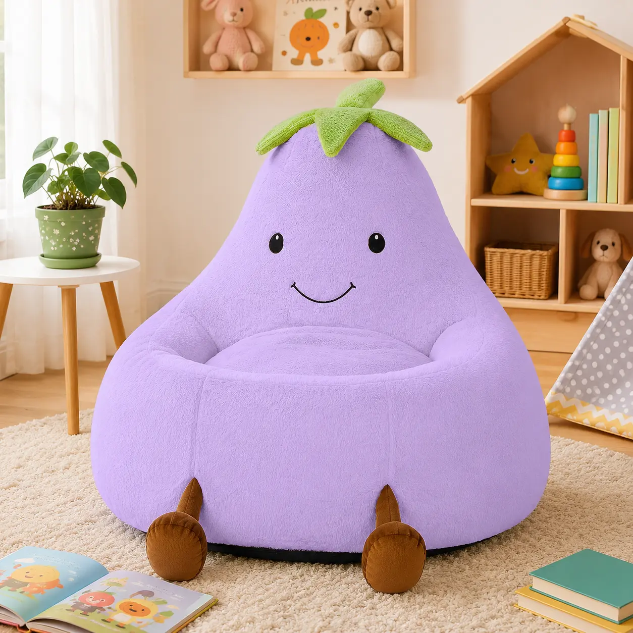 Toddler Size Eggplant-Shaped Plush Fabric Bean Bag Chair - Filled Soft Cover Comfy Lounger, 0-3 Years Kids Nursery Floor Seating, Cute Veggie Children’s Room Playtime Furniture