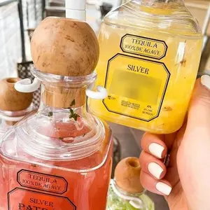 12.68oz Mini Tequila Bottle, Reusable Tequila Glasses with Cork and Straw, Portable Travel Size 375ml Tequila Spirits Container, Clear Plastic Tequila Dispenser Bottle Tin Canister