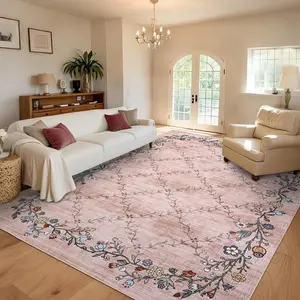 GARVEE 8x10 Washable Floral Area Rugs for Living Room: Modern Floral Non Slip Large Area Rugs for Bedroom, Large Machine Washable Living Room Low Pile Carpet with Non-Slip Backing Pink 8'x10'.