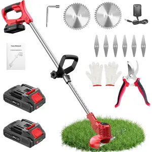 21V Weed Wacker Cordless String Trimmer with 2  2.0Ah, 2 Types Metal   Grass Trimmer, Pruning Shears, Adjustable Pole Weed Trimmer for Garden and Yard Lawn, Red