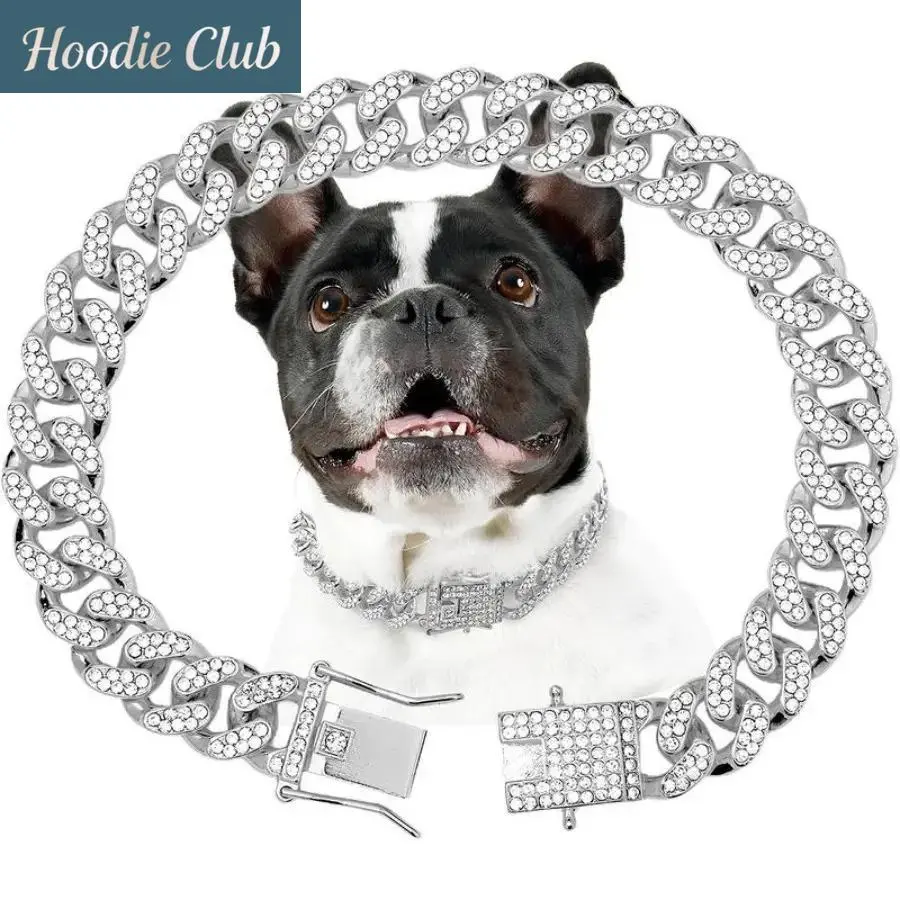 Silver Diamond Cuban Link Dog Collar, 12mm Bling Crystal Pet Chain Necklace, Adjustable Metal Pet Jewelry Collar for Small, Medium & Large Dogs and Cats, Luxury Sparkly Fashion Pet Accessory for Daily Wear, Parties, Photoshoots & Gift Use