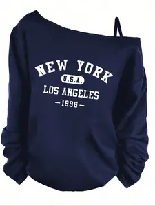 Women's Off-Shoulder Long Sleeve Sweatshirt, New York Letter Print, Sexy Loose Fit Tops, Casual Outdoor Fashion for Spring & Fall, Womenswear