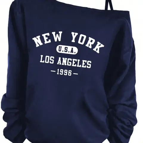 Women's Off-Shoulder Long Sleeve Sweatshirt Knit, New York Letter Print, Sexy Loose Fit Tops, Casual Outdoor Fashion for Spring & Fall, Womenswear