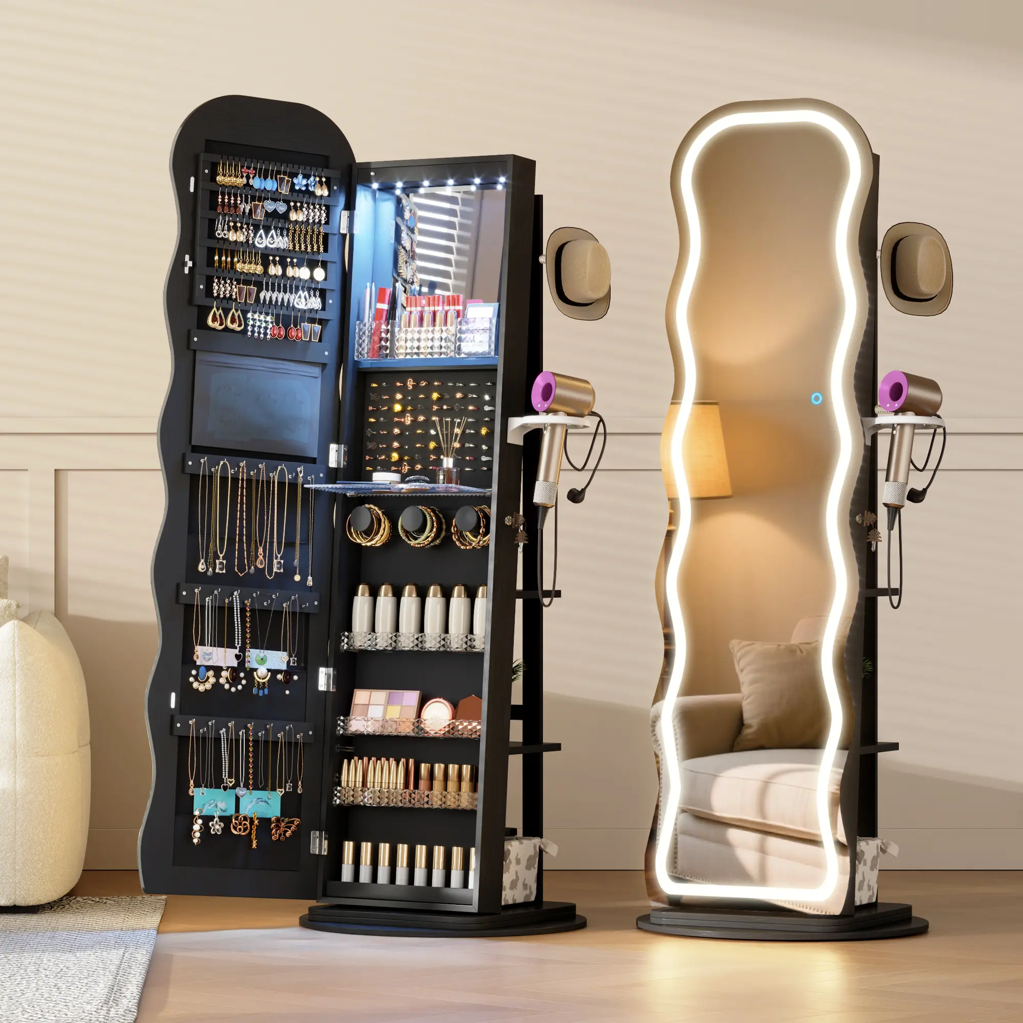 Dystler LED Mirror Jewelry Cabinet Standing, 360° Swivel Jewelry Aromire Organizer with Wavy Mirror, Lockable Jewelry Mirror with Storage, Jewelry Cabinet, Interior Mirror, Foldable Shelf