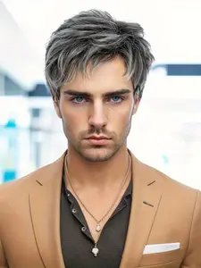 Men's Short Synthetic Wig, Machine Made Wigs, Black Gray Fluffy Layered Design, Comfortable and Easy to Manage, Perfect for Daily Use and Parties