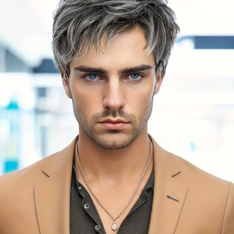 Men's Short Synthetic Wig, Machine Made Wigs, Black Gray Fluffy Layered Design, Comfortable and Easy to Manage, Convenient Wigs, Perfect for Daily Use and Parties, Straight Hair Wig