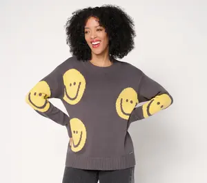 Peace Love World Motif Intarsia Pullover Sweater