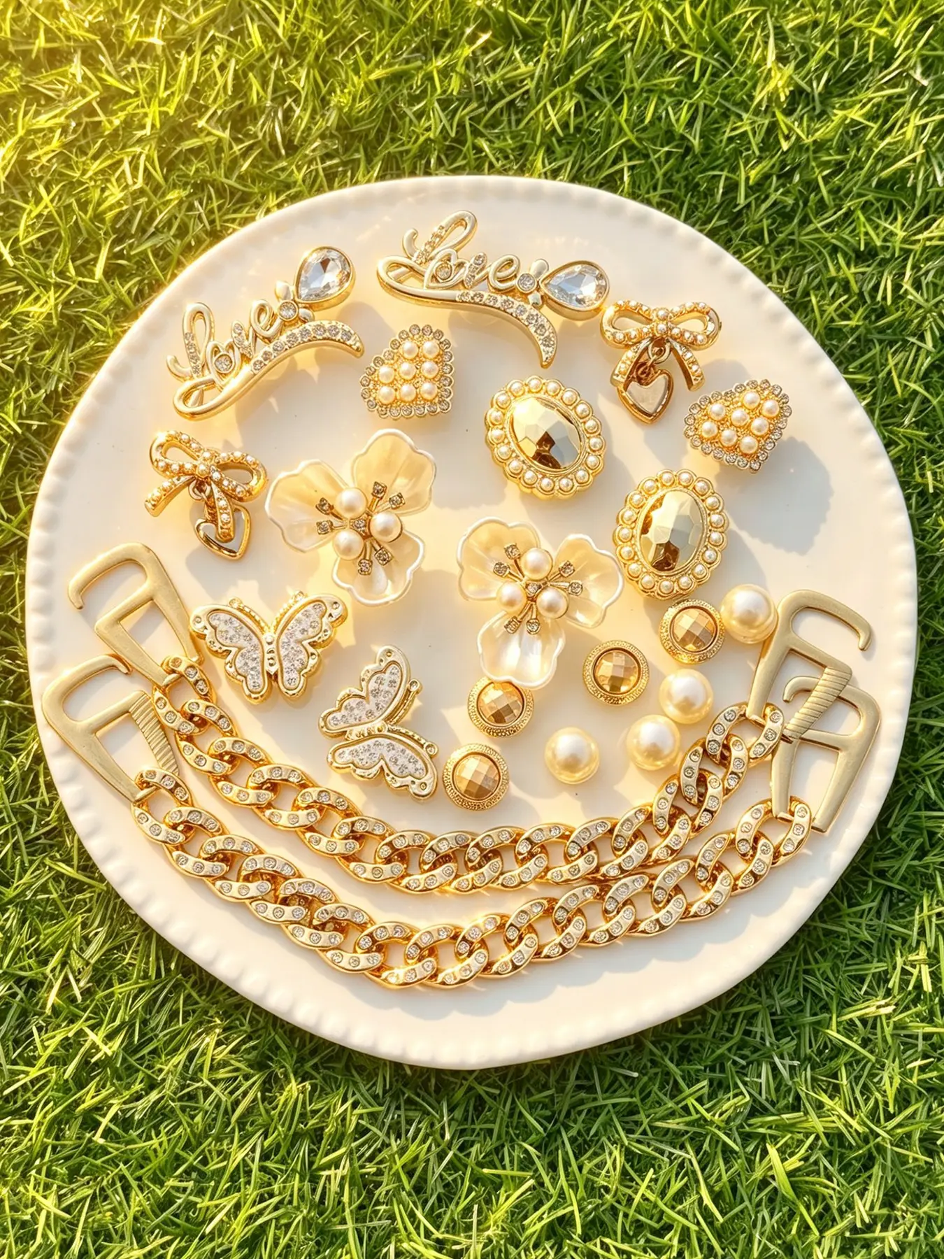 22Pcs Bling Shoe Charms Set for Women, Cute Golden Rhinestone Chains & Flower Decorations, Premium DIY Decorative Shoe Accessories Charms for Girls