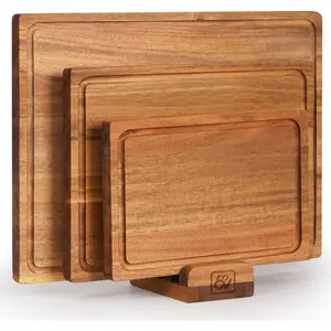 Acacia   Board Set of 3 - 2-in-1 Reversible Butcher Blocks & Serving Trays with Juice ,   Hardwood, Multi-Size,  Box Ready