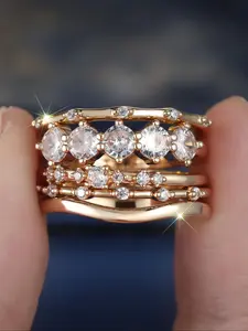 5 Pieces/Set Single Row White Synthetic Zirconia Golden Yellow Women's Ring Set Ladies Delicate Party Jewelry Birthday Gift Engagement Ring Bridal Ring Set Cubic Zirconia Rings