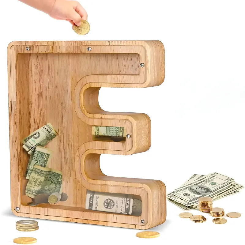 Twenty-six A-Z English Alphabet Piggy Bank, Large-Capacity Transparent Wooden Letter Coin Savings Box, Cash Saving Box, Personalized DIY Name Combination, Wooden Money Box for Kids Toddlers Boys Girls, Ideal for Birthday and Children's Day Gifts.